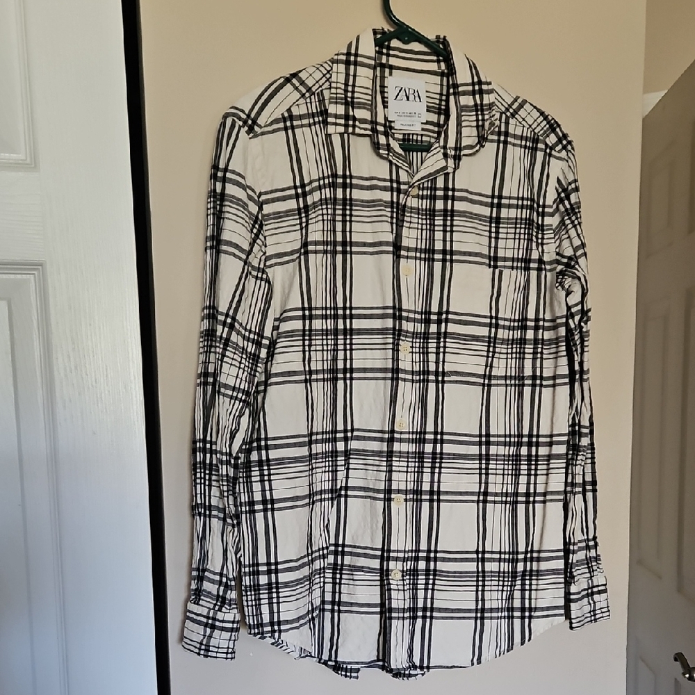 ZARA Linen Blend Long Sleeve Button-up Shirt White & Navy Plaid Men's Small
